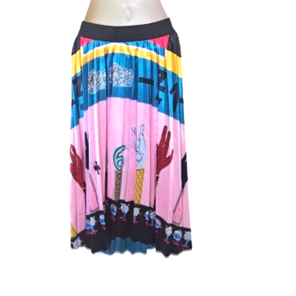 MNOGCC United! Pink/Blue Multi-Color Print Retro Pleated A-Line Skirt, X-Large - Picture 3 of 13